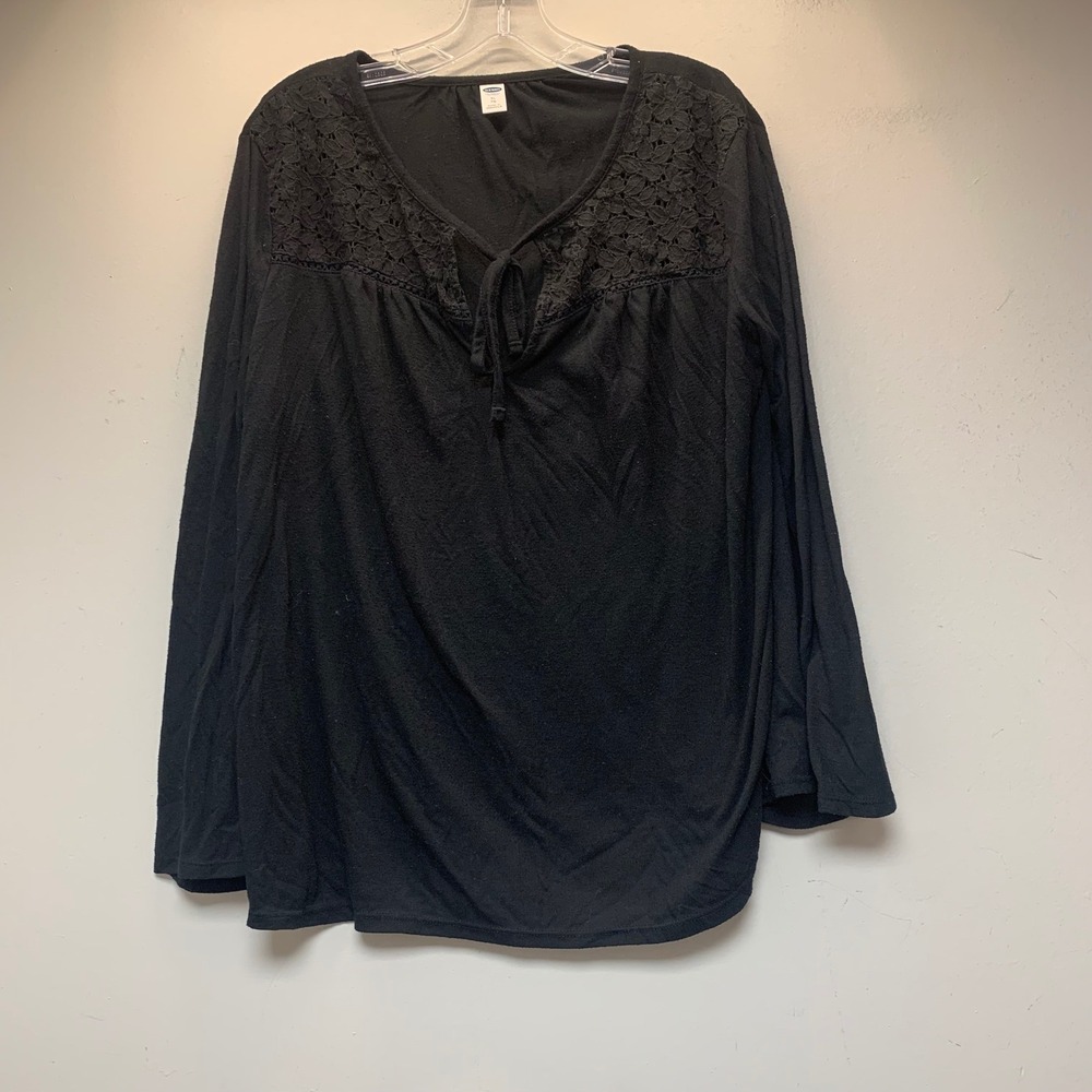 Old Navy Blouse Womens XL Black Good Lace Yoke Tie Front Boho Long Sleeve Top